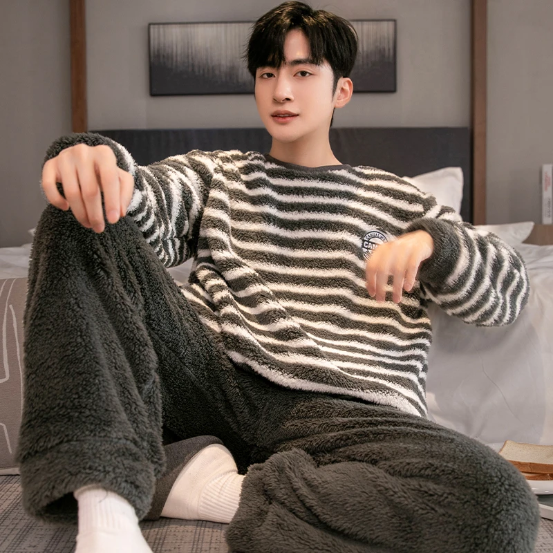啄木鸟长毛绒珊瑚绒男士睡衣休闲可外穿加厚保暖秋冬款加绒家居服