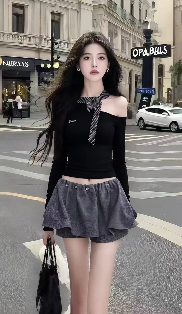 时尚气质名媛黑色斜领长袖露肩修身上衣+灰色设计感裤裙女两件套