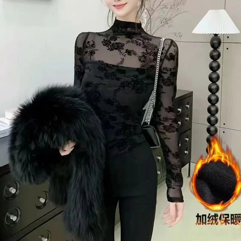 秋冬加绒欧货半高领植绒碎花蕾丝衫女感微透长袖打底衫