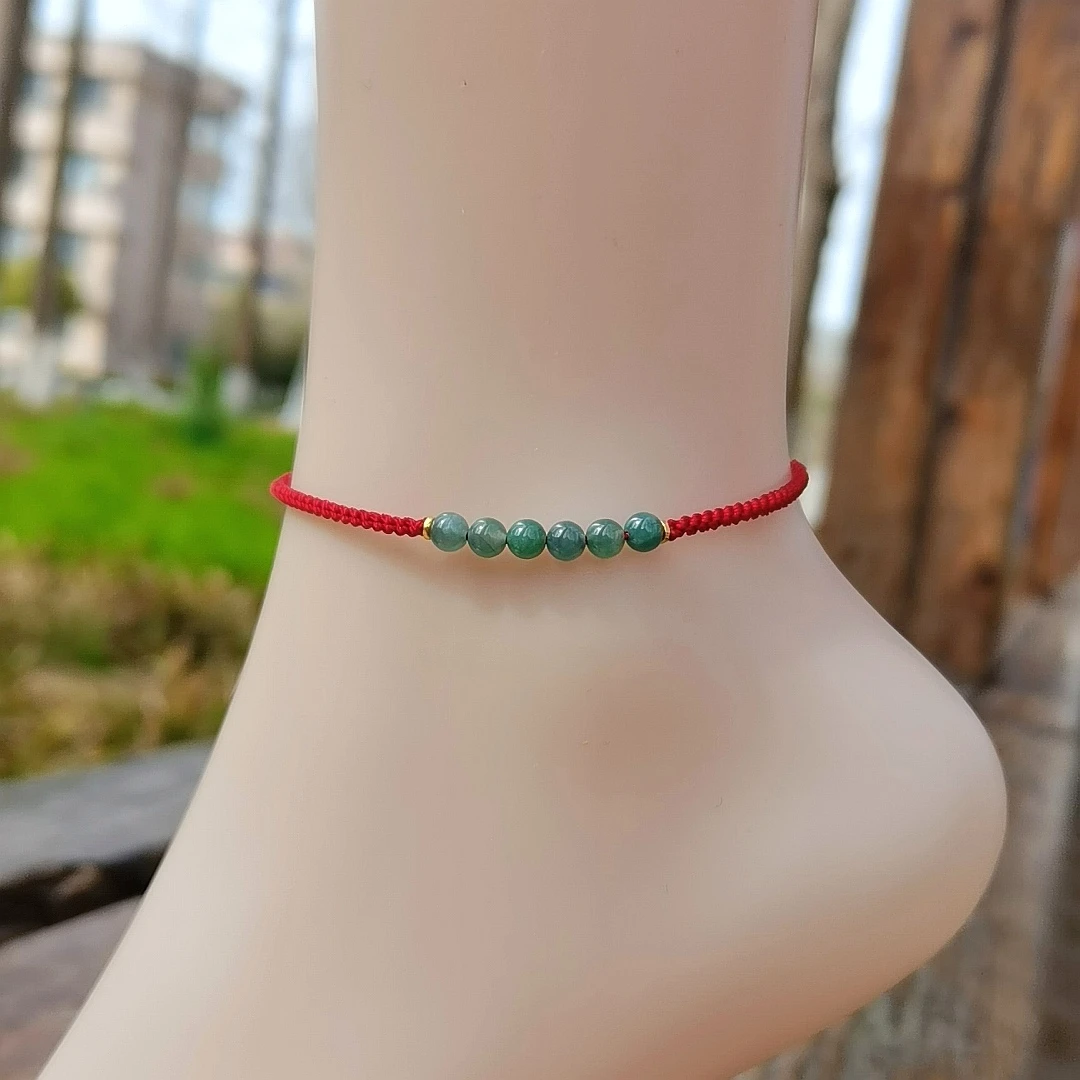 【脚绳】天然翡翠玉珠珠纯手工编织脚绳女款男款精致百搭情侣093