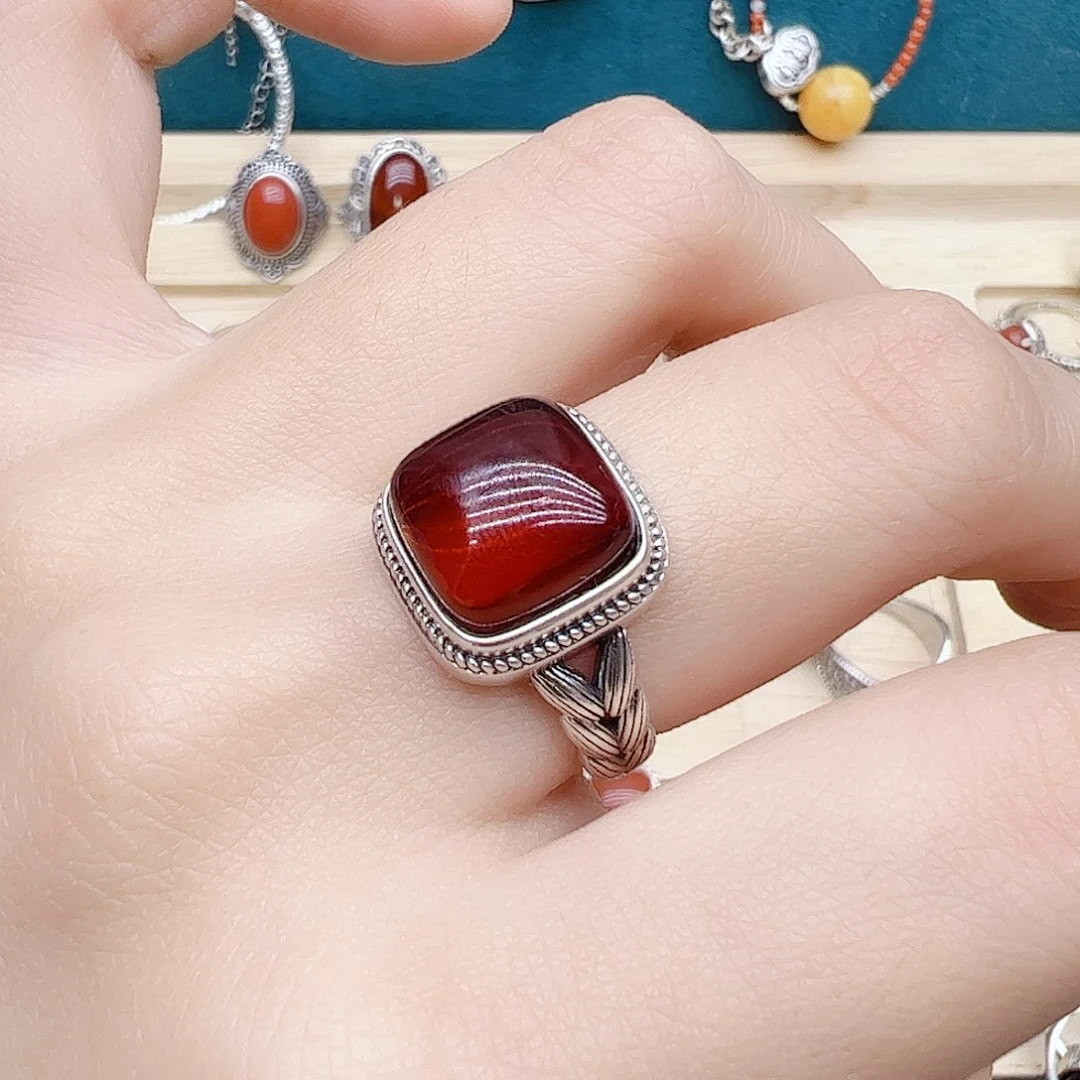 血珀戒指银S925镶嵌天然