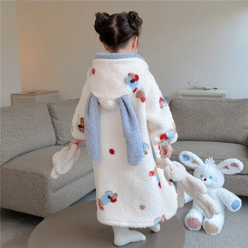 儿童睡衣女童法兰绒连帽睡袍女珊瑚绒宝宝冬季卡通居家可爱风长款