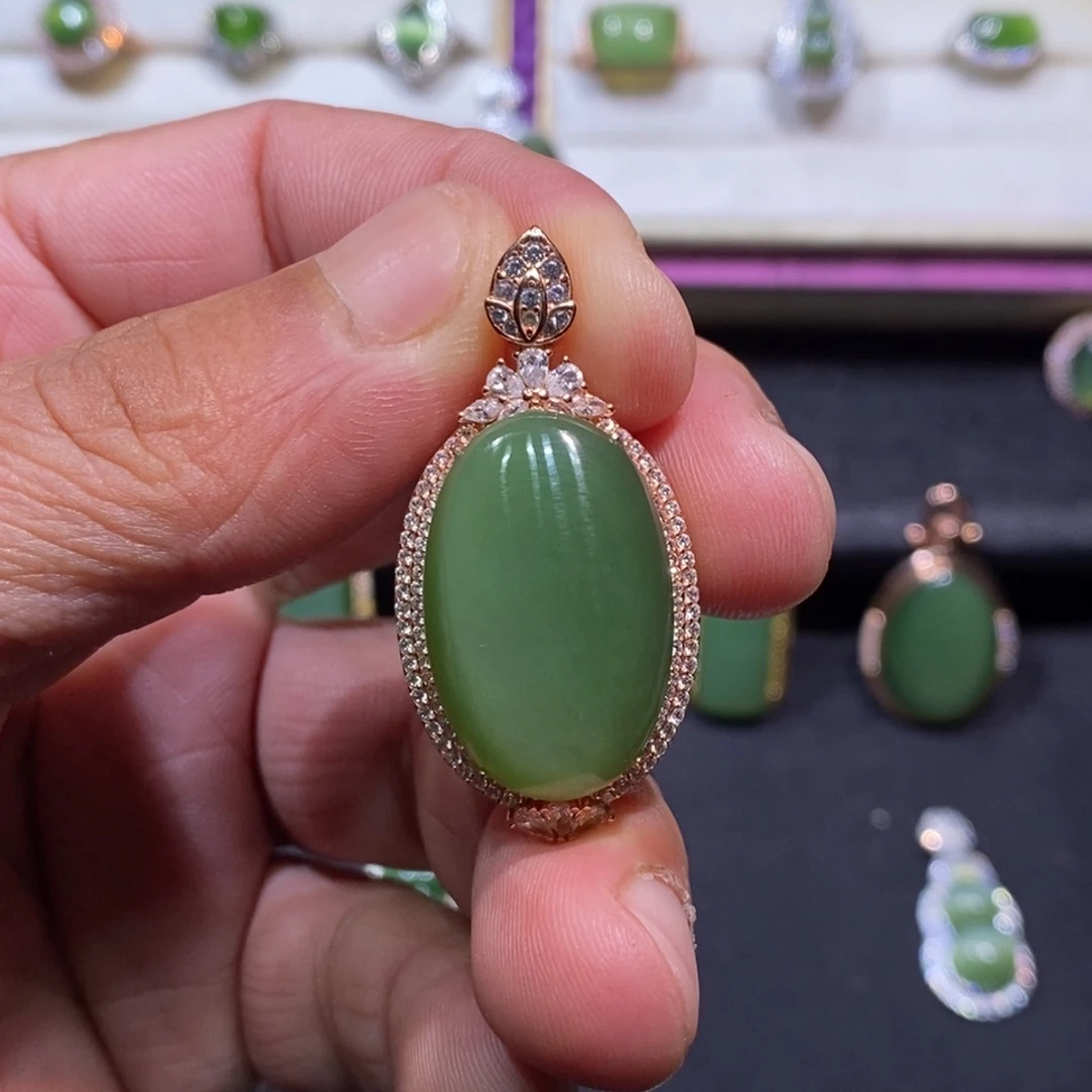 和田玉（碧玉）银S925镶嵌吊坠(不含链)