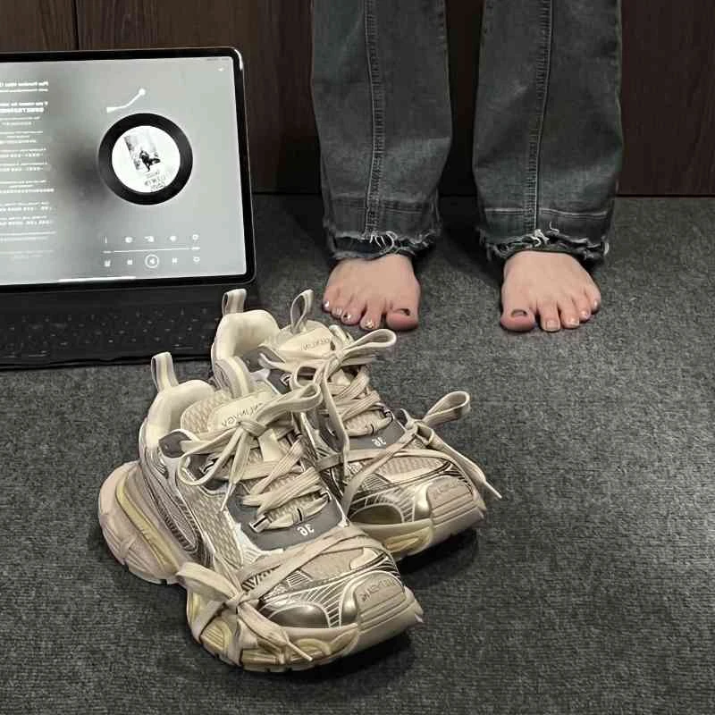 啄木鸟香槟色巴黎老爹鞋2025新款夏季透气女鞋增高厚底网布运动鞋