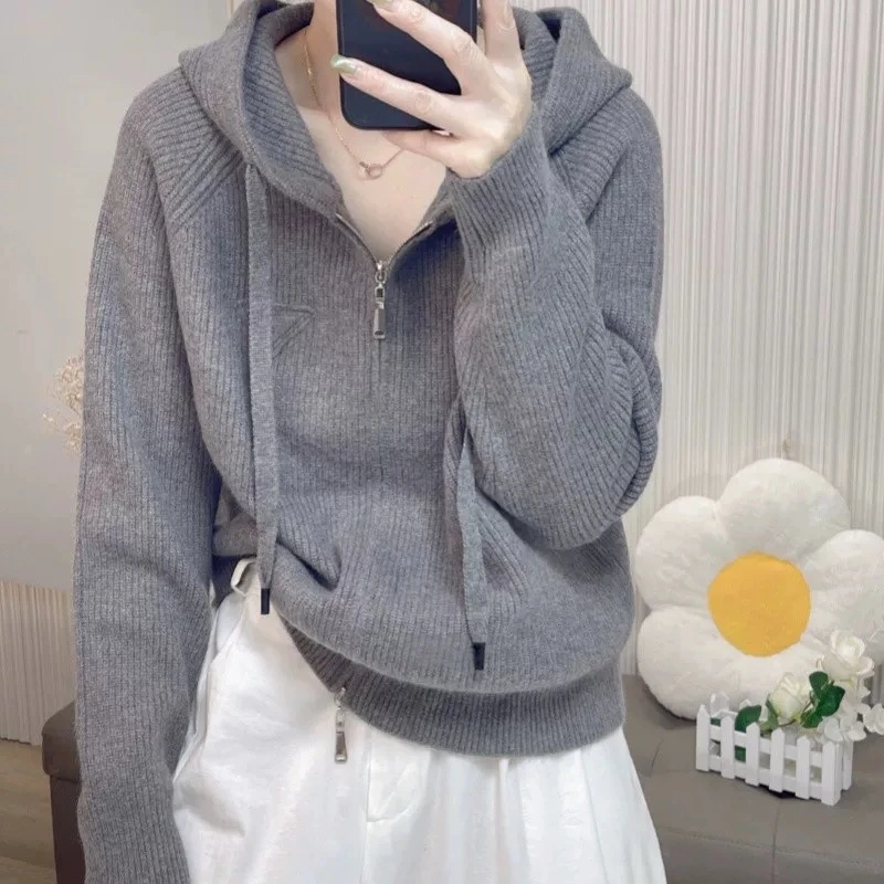 粗线螺纹针织衫连帽插肩袖双拉链帽衫女学院风外套A820