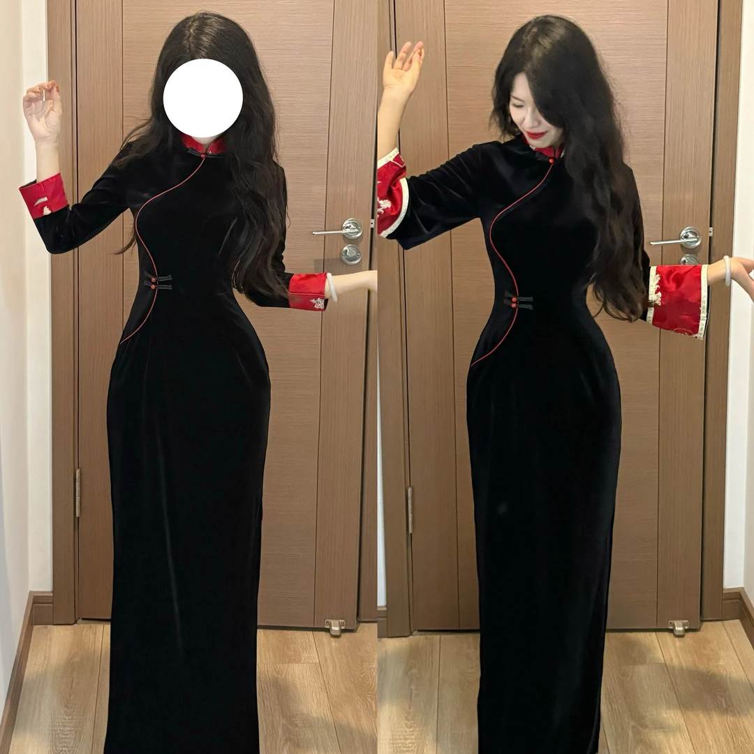 画报夫人原创自制秋冬贵气新中式丝绒旗袍 蓬莱红