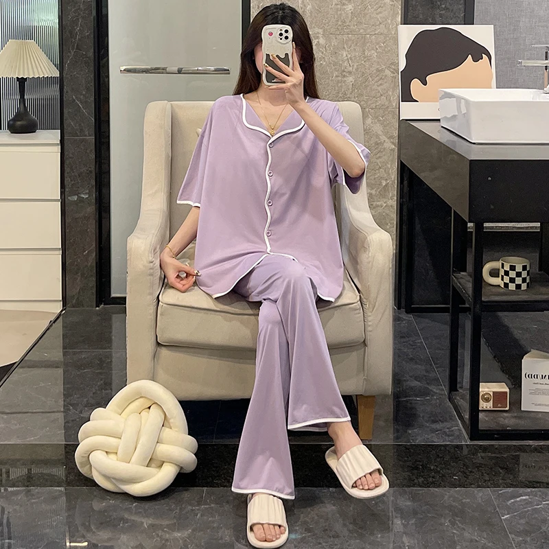 睡衣女夏季短袖网红风大码2025新款凉感甜美紫色春秋天家居服套装