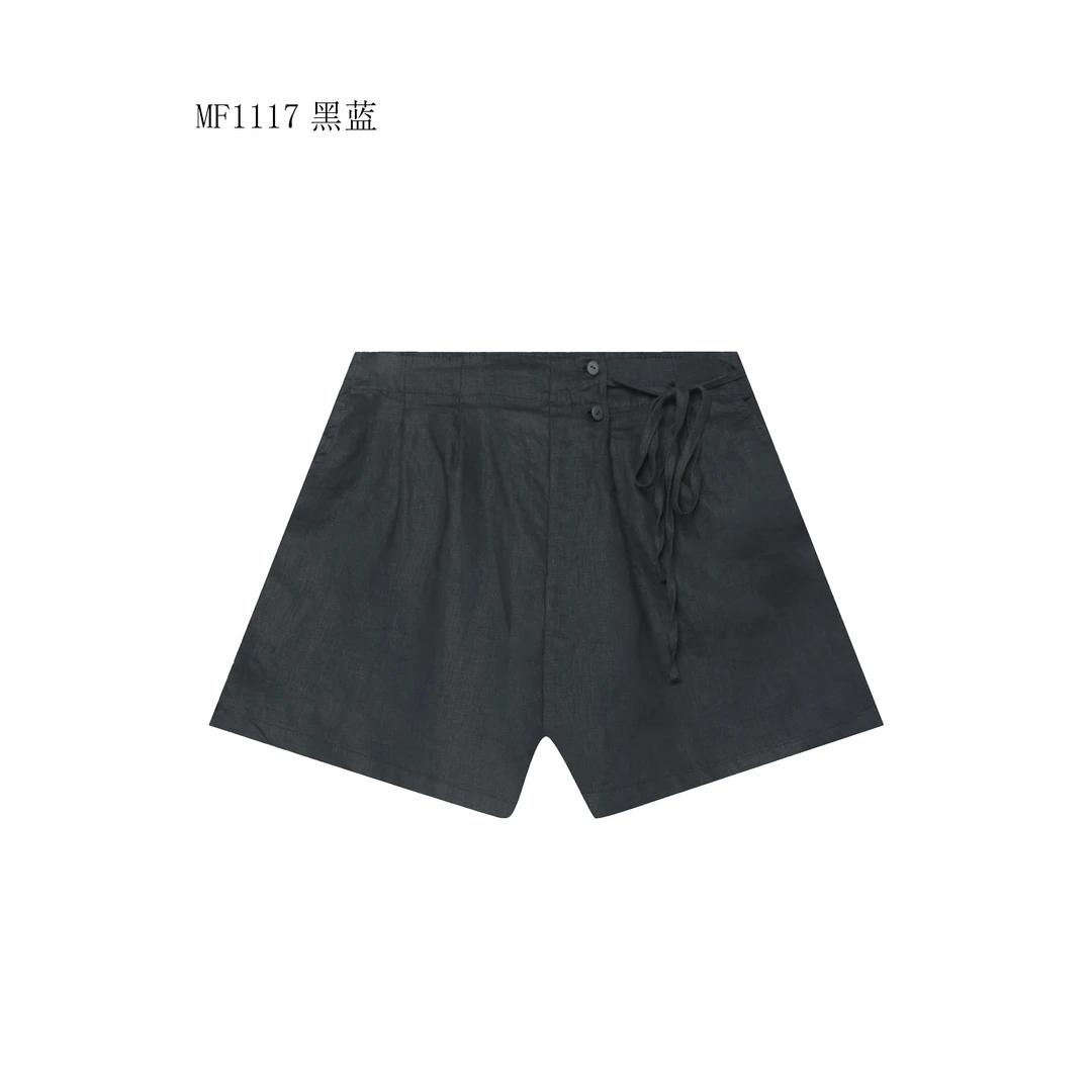 【麻訪家】MF1117黑蓝文艺复古宽松休闲百搭短裤