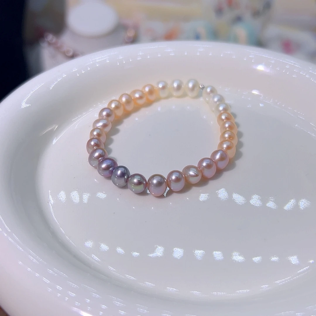 银S925镶嵌淡水珍珠6到7近圆极光天然珍珠