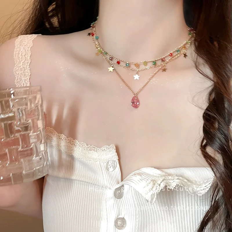 合金项链 彩色星星锆石多层叠戴项链女复古锁骨链轻奢设计颈链