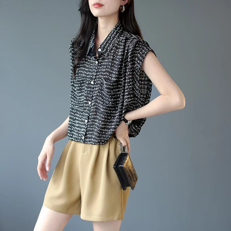 9069宽松短款雪纺衬衫女2025夏季印花短袖上衣衬衣女落肩袖蝙蝠衫