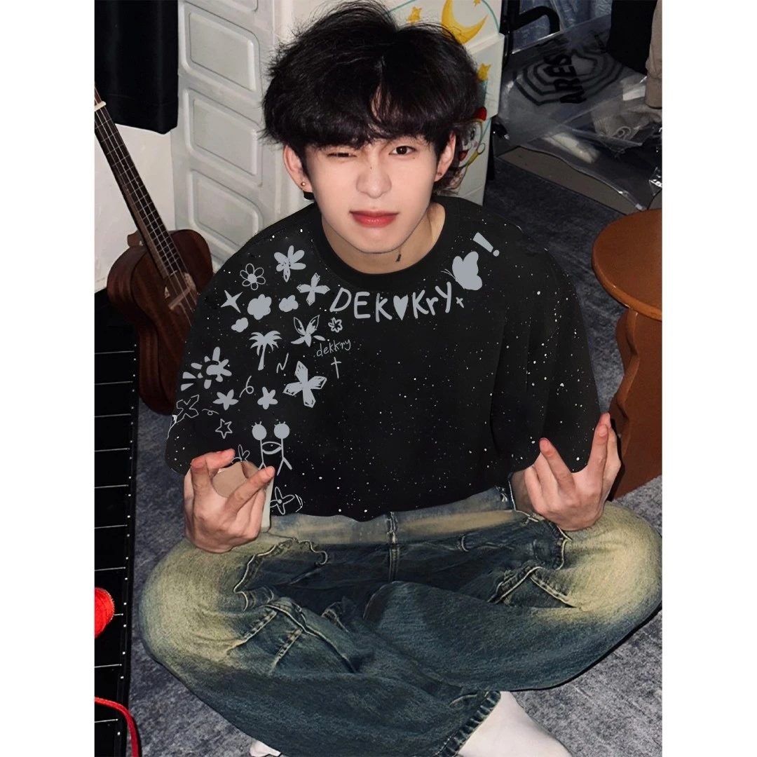 100%纯棉美式创意花卉贴纸印花满天星t恤短袖男女夏季休闲上衣ins