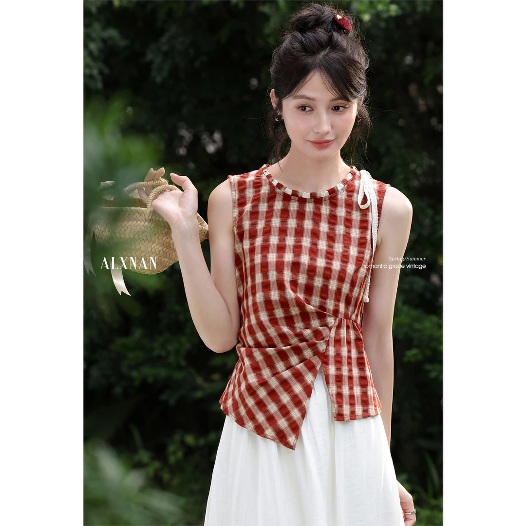 【清清】红色格子无袖背心女夏季新款修身别致吊带上衣