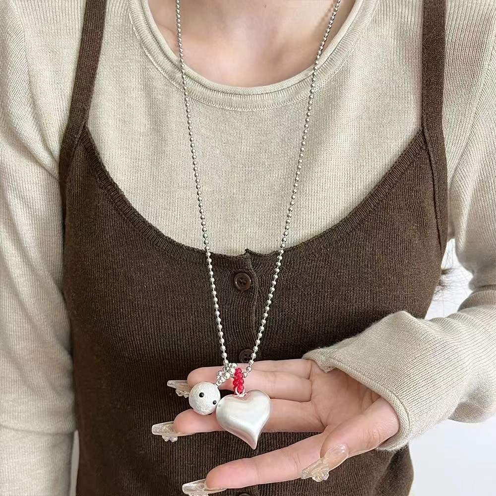 铜合金项链 银色波点爱心长款白珠项链秋冬ins风卫衣链配饰毛衣链