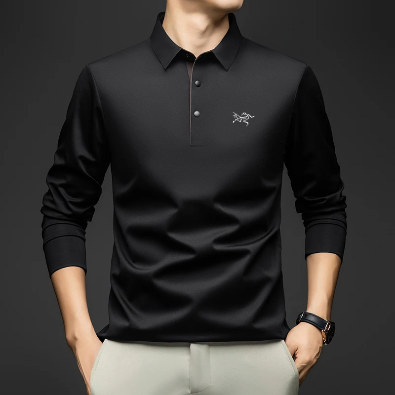 【奥特莱斯】始祖刺绣鸟男士桑蚕丝长袖T恤秋季商务休闲翻领Polo衫