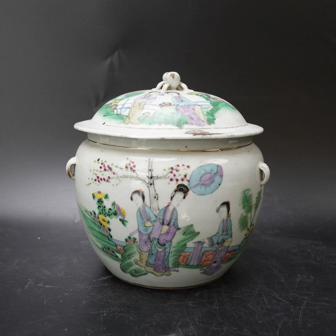 Lot.25070246民国粉彩人物故事纹粥罐 高：约21.1cm