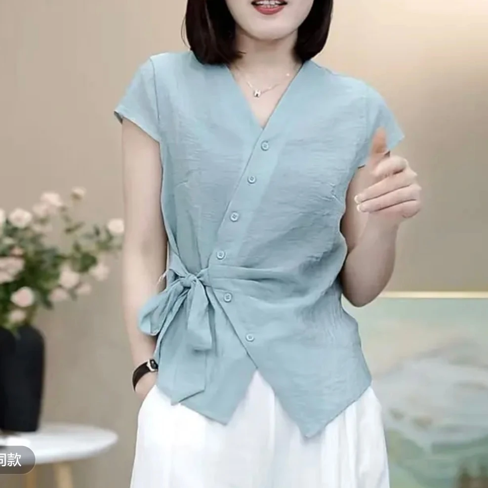 6628薄款夏季新款衬衫设计感压褶复古无袖小衫上衣高级感T恤