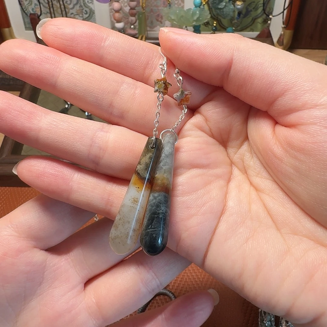 蛇纹石玉银S925镶嵌耳钉