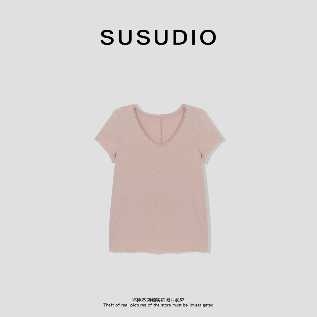 SUSUDIO 100棉春夏简约设计V领显瘦百搭卷边短袖T恤10290