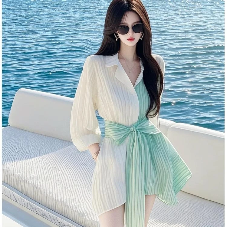 2025春新款法式高级感绝美裙子小个子小香风绿白条纹衬衫连衣裙