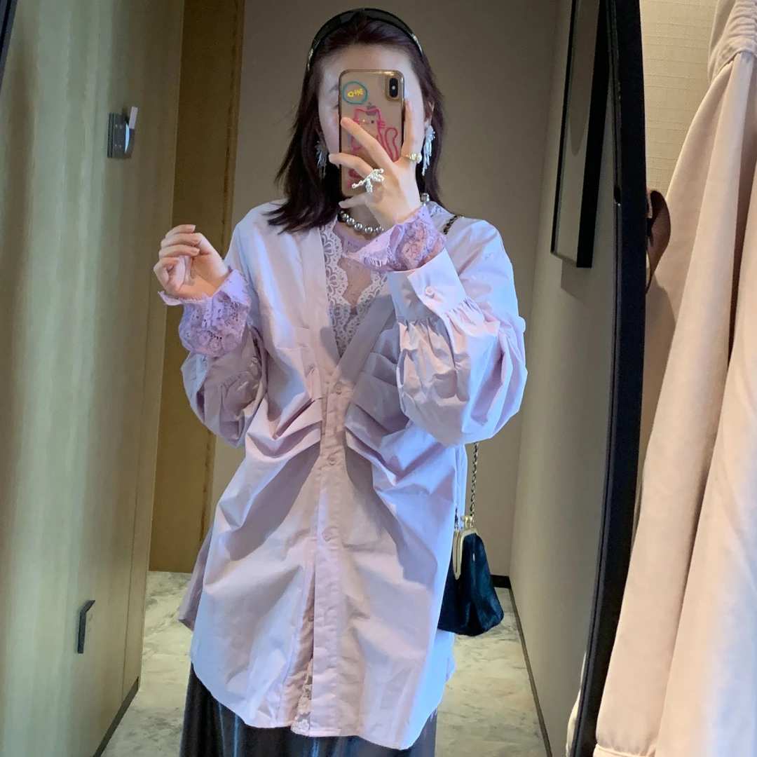 法式蕾丝拼接C领洗扣时尚衬衫气质小众长袖衬衫袖