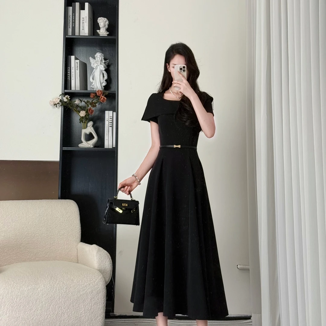 拉夏贝尔25夏新复古极简风雅致优雅显瘦百搭短袖连衣裙 10478 YCK