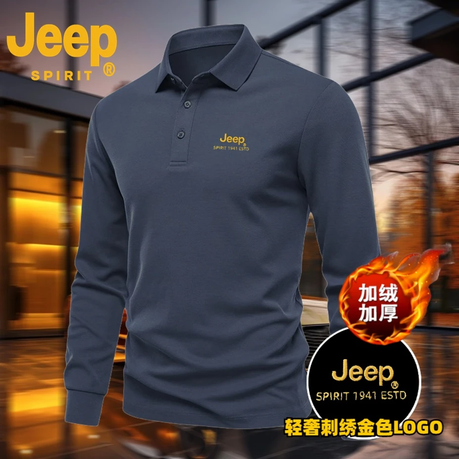 JEEPSPIRIT刺绣加绒长袖polo衫男士商务保暖休闲冬季新款痞帅中年