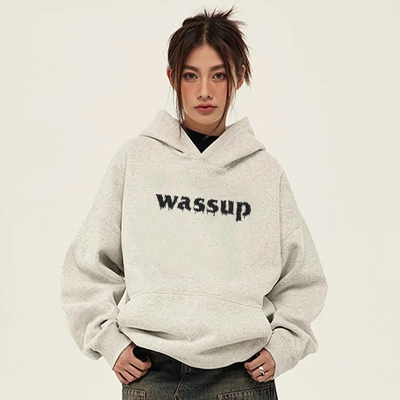 WASSUP HEODS国潮秋冬加绒连帽卫衣男女装美式高街设计感帽衫外套