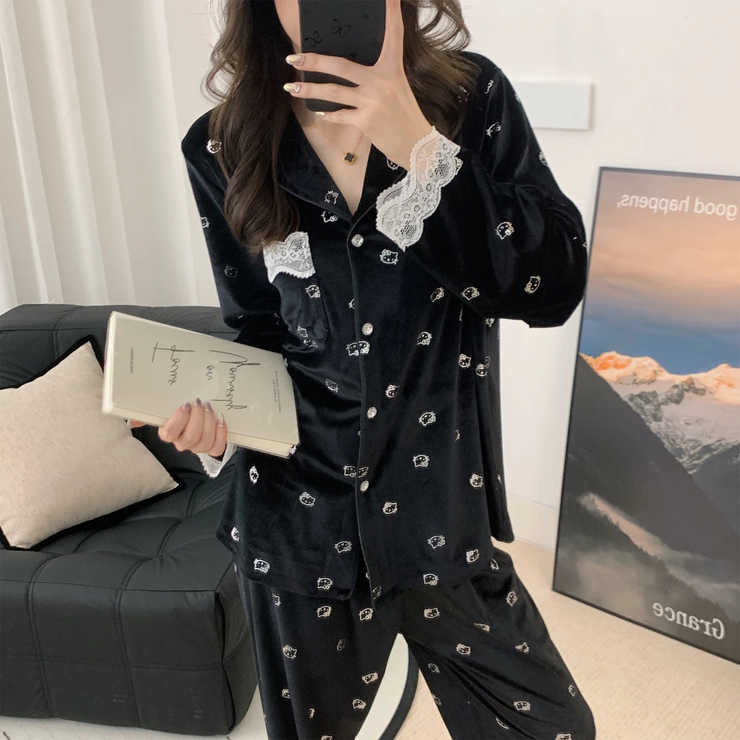 睡衣女秋冬季金丝绒长袖大码2025新款金钻绒黑色kt猫套装冬家居服