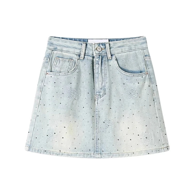 复古玫瑰烫钻牛仔半身裙女大码胖妹妹春夏新款高腰辣妹包臀短裙子