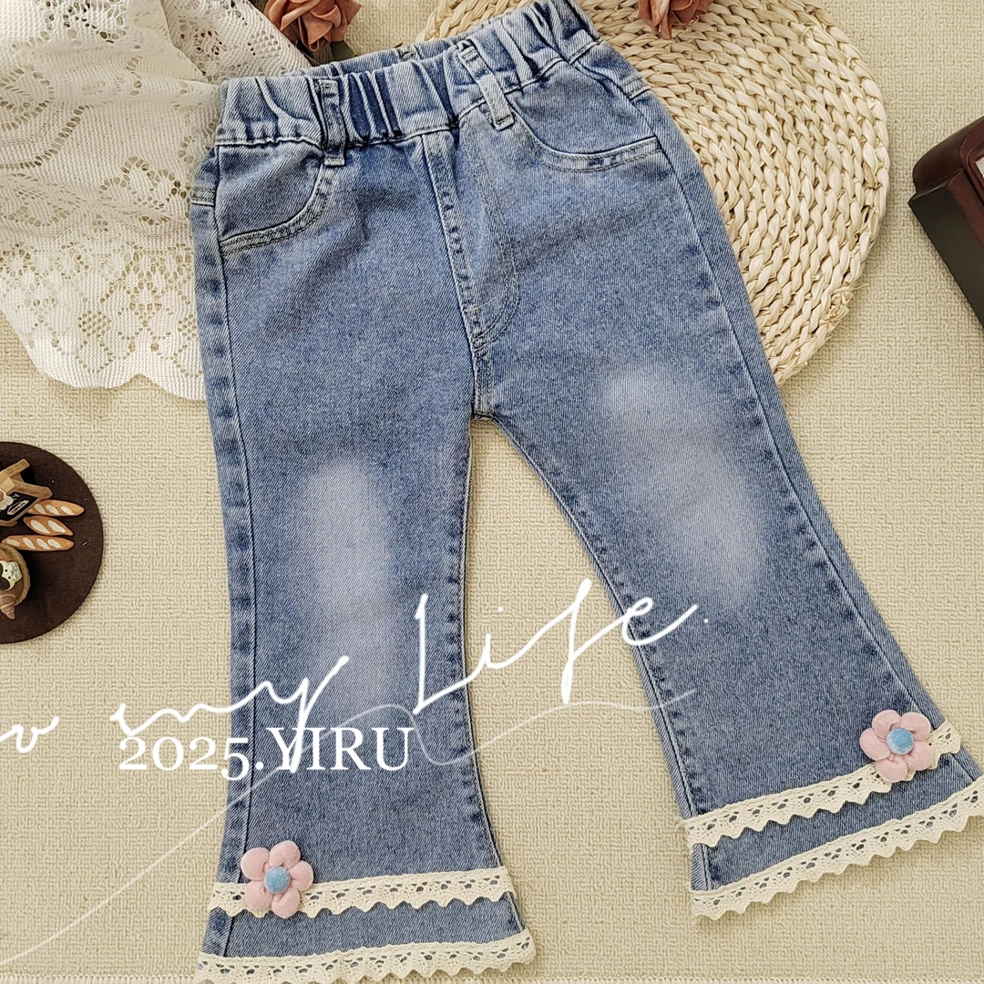 番茄家*2025年春季新款女童粉色花花边喇叭牛仔裤D-W27