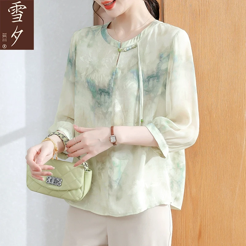 妈妈装夏装七分袖印花上衣中老年女装新中式雪纺小衫阔太太T恤衫