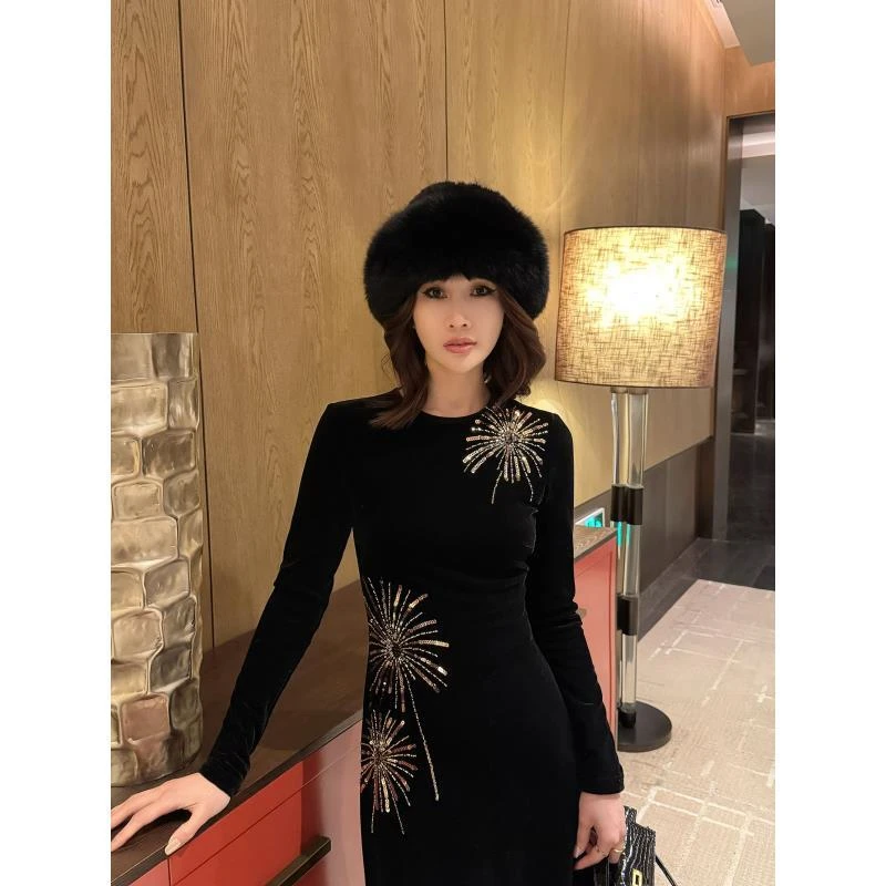 LUXURYMEMO【浪漫烟花】修身复古显瘦时尚百搭璀璨烟花气质紫色长