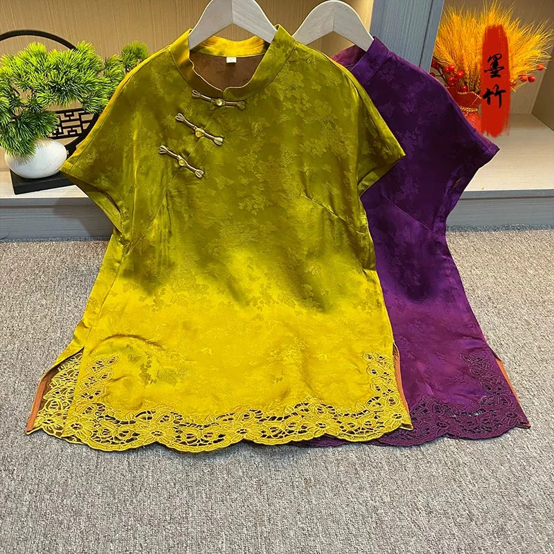 【344】新中式复古国潮高级感气质休闲女士上衣提花下摆镂空小衫