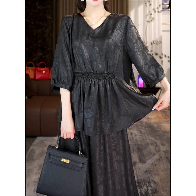 春款上新【月夜】时尚立体印花打揽设计黑色气质上衣裤子套装-5588#