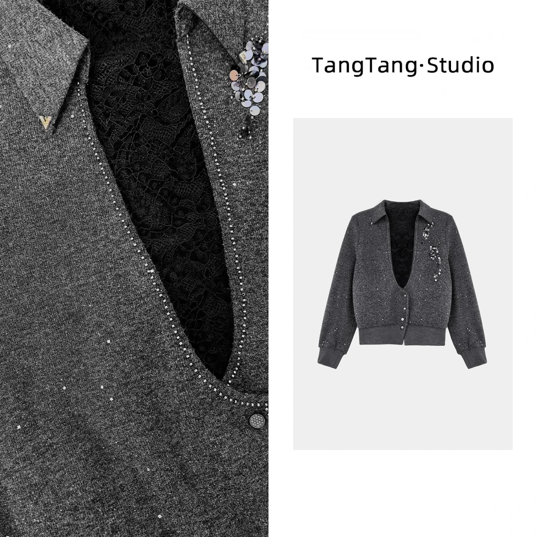 【TangTang·Studio】灰色蕾丝假两件上衣高级气质显瘦上衣-2513166