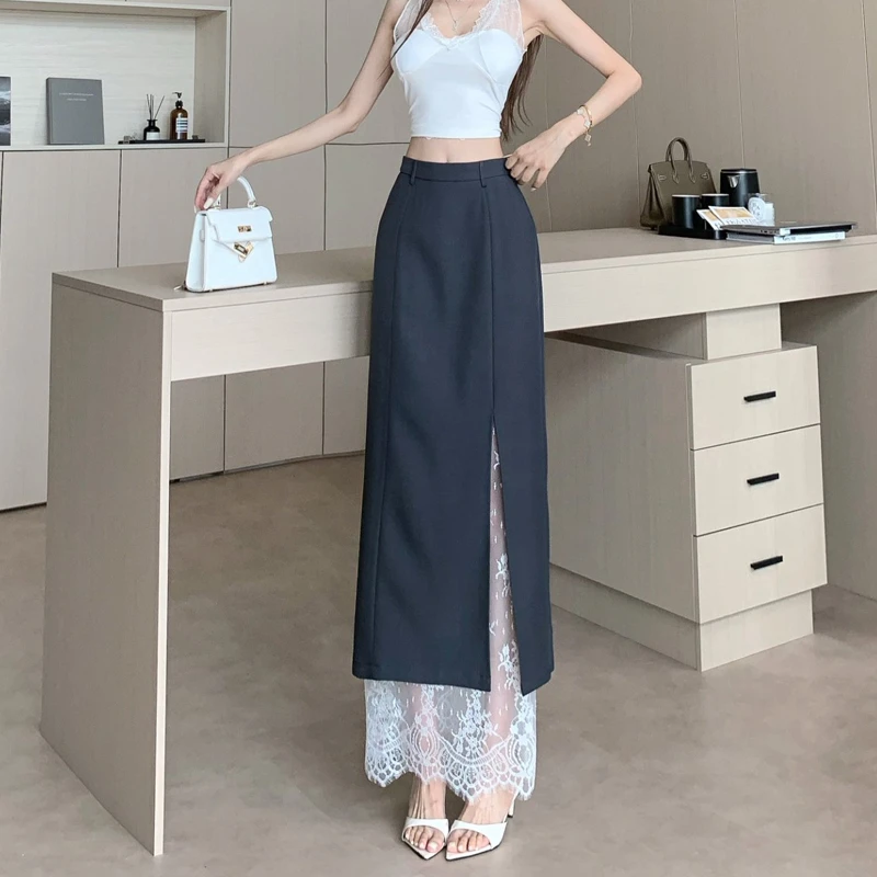 灰色蕾丝内里西装半身裙女夏季2025新款百搭设计感直筒显瘦长裙