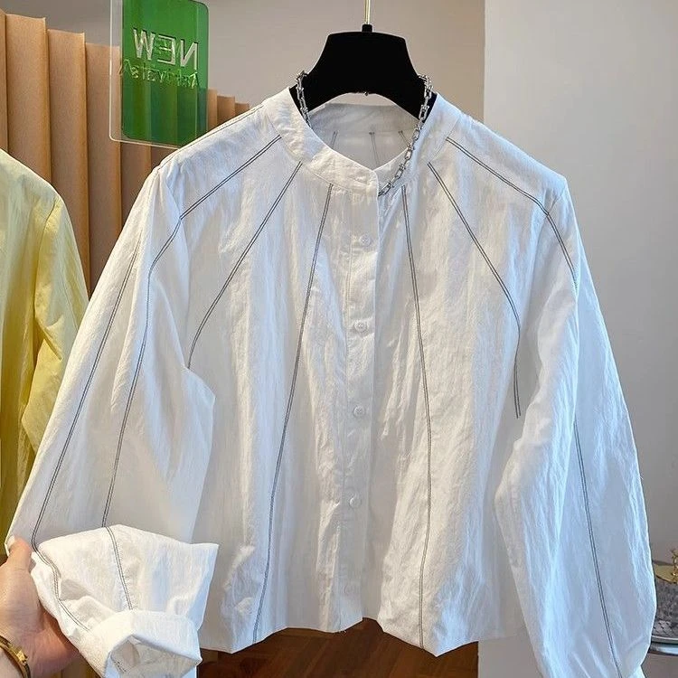 明线设计感小众白色衬衫女长袖2025新款宽松百搭圆领短款收腰上衣