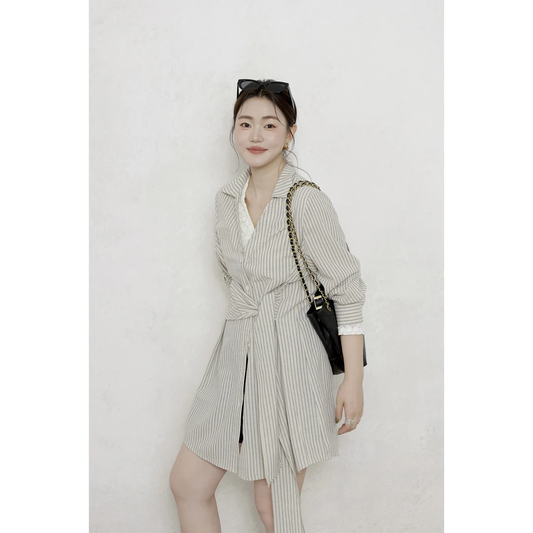 现货大婉酱微胖定制【层次亚麻衬衫】百搭长袖假两件衬衫裙秋9586D