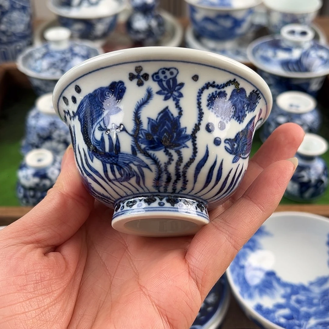 青花重工仿明鱼藻压手杯