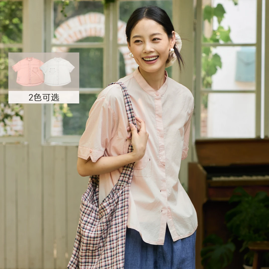 【618福利】夏季新款上衣女时尚翻领七分袖明线装饰短袖衬衫