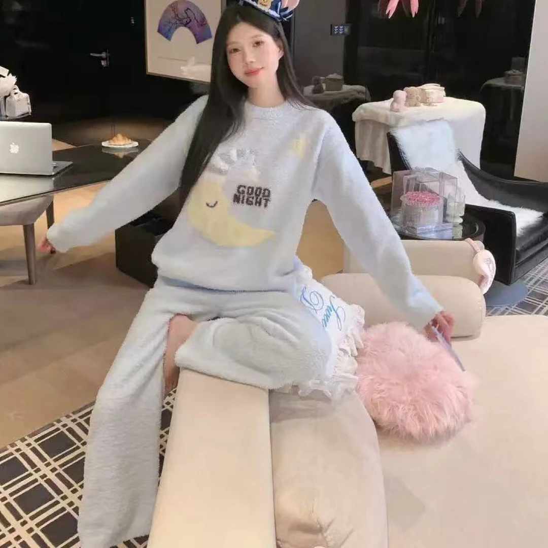 新款圆领冬季半边绒加厚加绒可外穿睡衣家居服保暖女士韩版