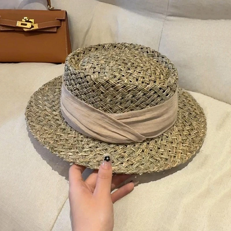 法式度假草帽女咸草编凹顶礼帽夏天防晒遮阳帽复古百搭休闲沙滩帽