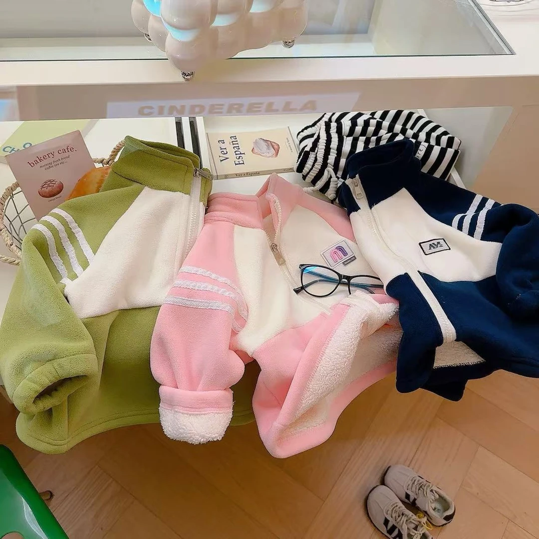 儿童奥粒绒外套秋冬加绒加厚童装男女童加厚洋气上衣新款立领外套