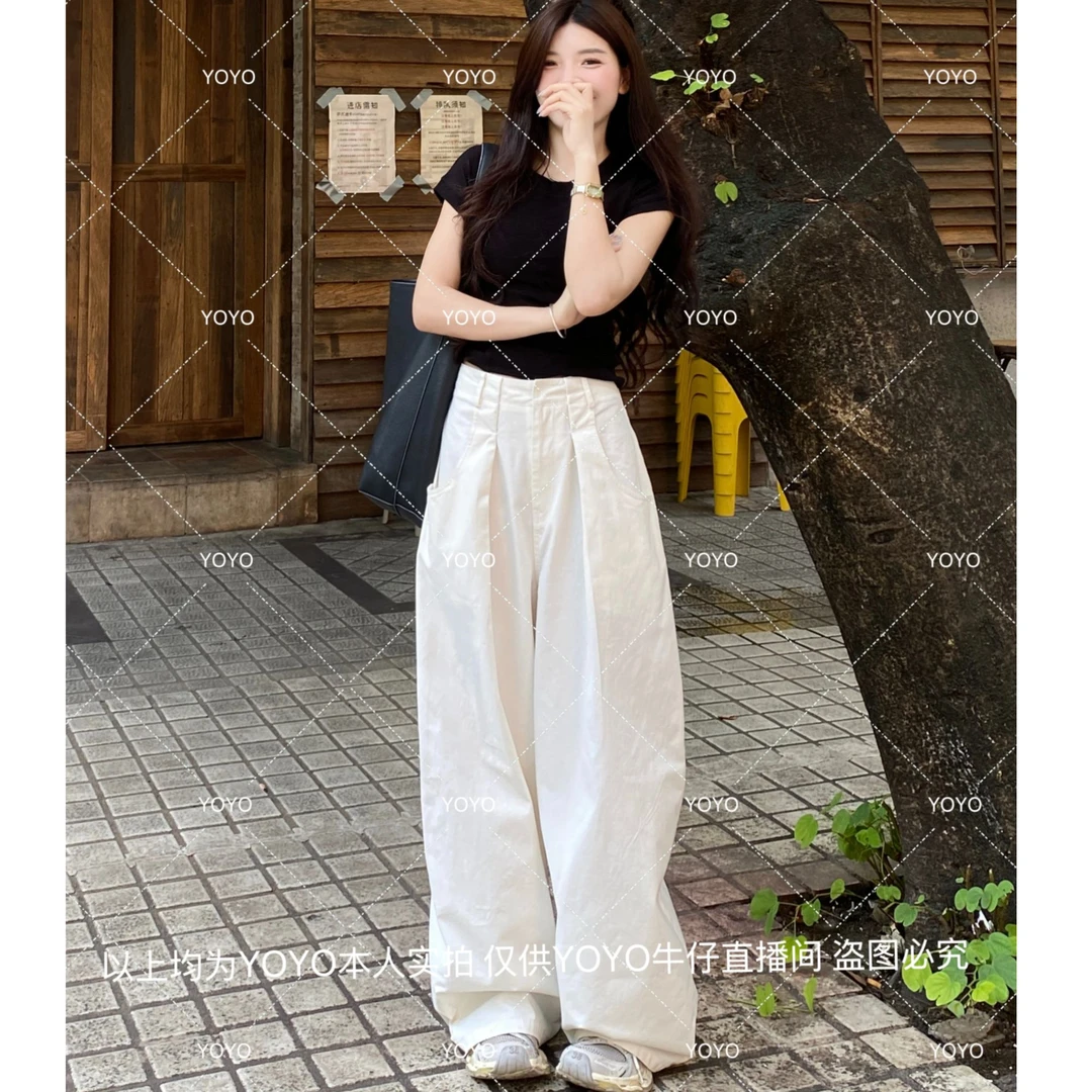 YOYO自制【前后折痕】早秋时尚设计感宽松水洗棉阔腿拖地裤