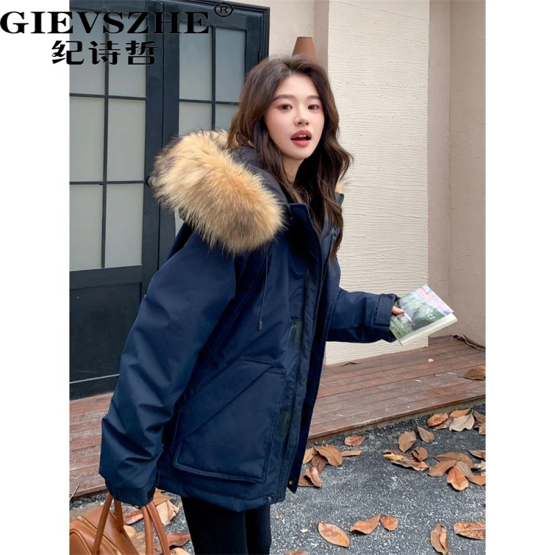 纪诗哲藏青色大毛领工装羽绒服女冬季保暖显瘦小众流行小个子外套