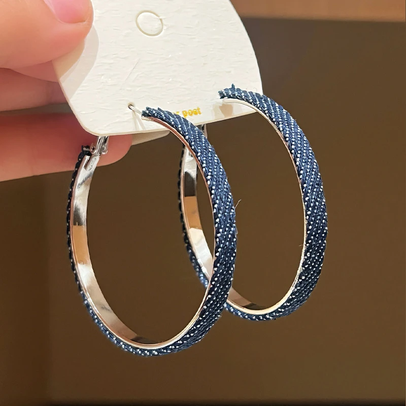 铜合金布艺耳饰  牛仔蓝大圈圈耳环女夸张气质方圆脸圈形时尚耳环