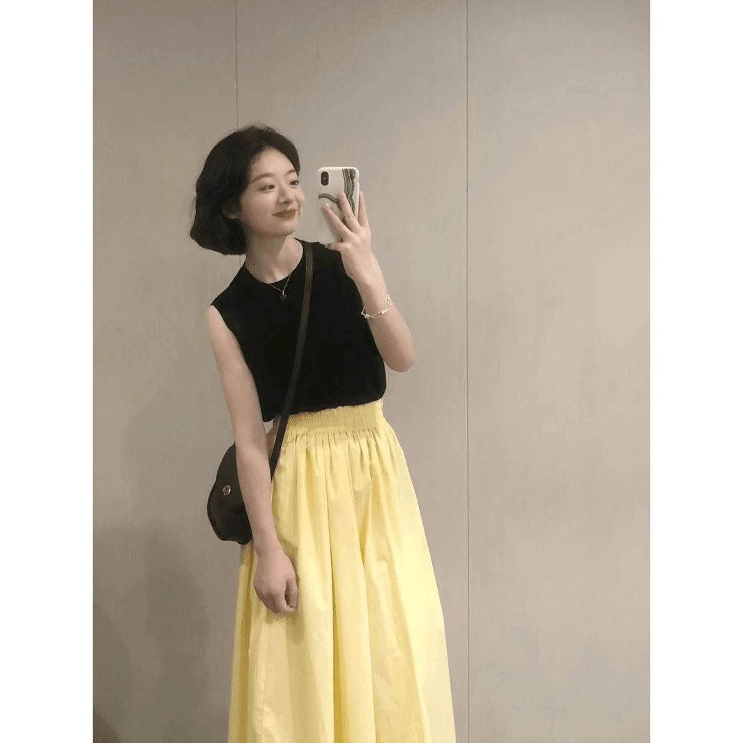 2025新款清爽乳酪黄抽褶松紧腰字裙小众半身裙复古设计感显瘦