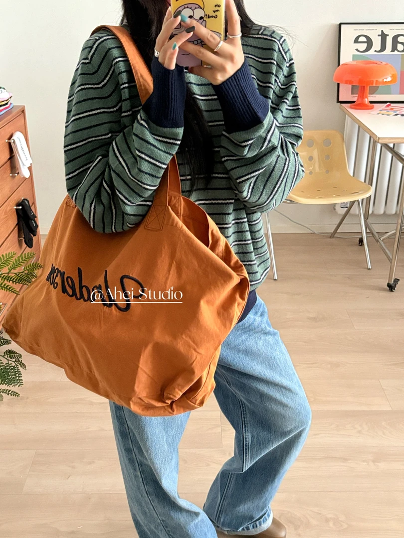 ahei新款字母彩色休闲通勤风托特包单肩包韩版日系单肩慵懒风