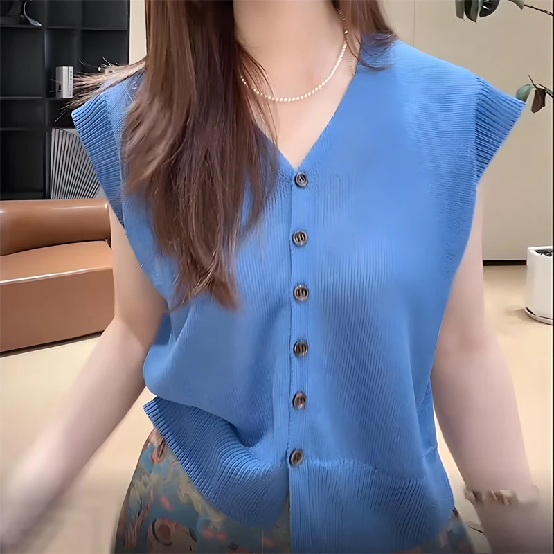 飞飞袖V领单排扣针织开衫女夏季薄款时尚设计感宽松显瘦百搭上衣
